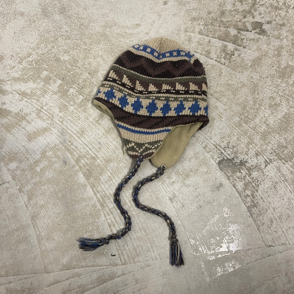Vintage Fair Isle Knit Trapper Hat Earflap Beanie Brown Blue Fleece Lined